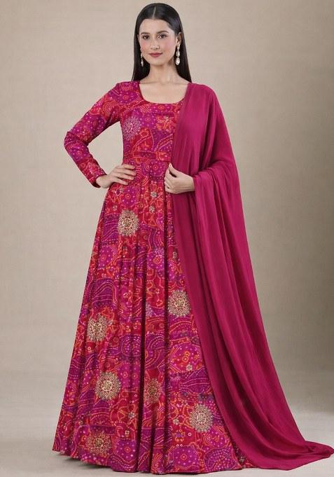 Rani Pink Printed Crepe Anarkali With Dupatta