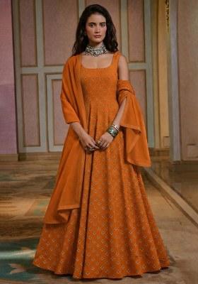 Rust Printed Crepe Anarkali With Dupatta
