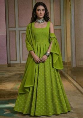 Parrot Green Booti Print Chinon Anarkali With Dupatta