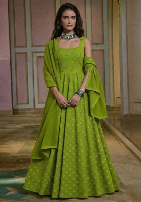 Parrot Green Booti Print Chinon Anarkali With Dupatta