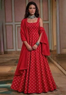 Deep Red Booti Print Chinon Anarkali With Dupatta