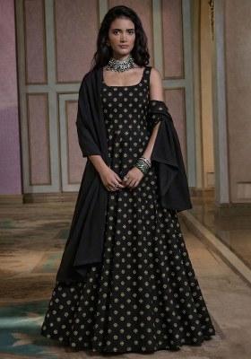 Black Booti Print Chinon Anarkali With Dupatta