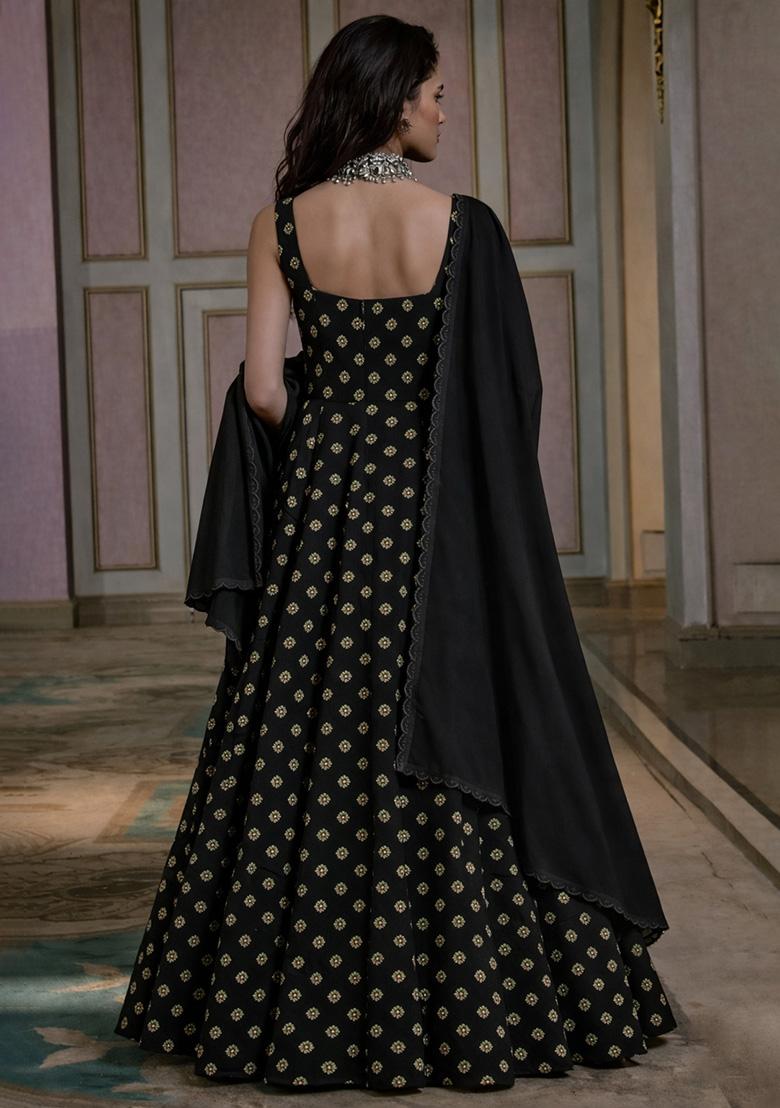 Black Booti Print Chinon Anarkali With Dupatta - Indya