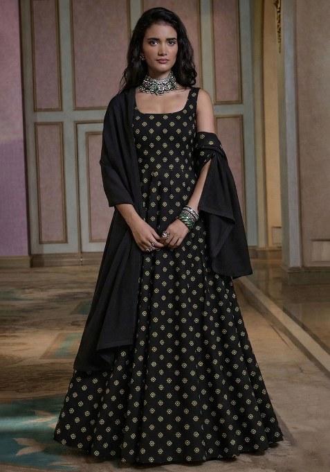 Black Booti Print Chinon Anarkali With Dupatta