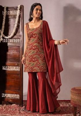 Deep Red Embroidered Crepe Sharara Set