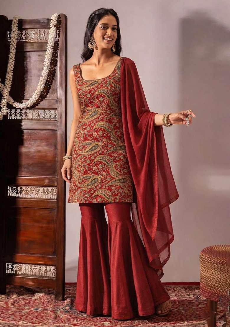 Deep Red Embroidered Crepe Sharara Set - Indya