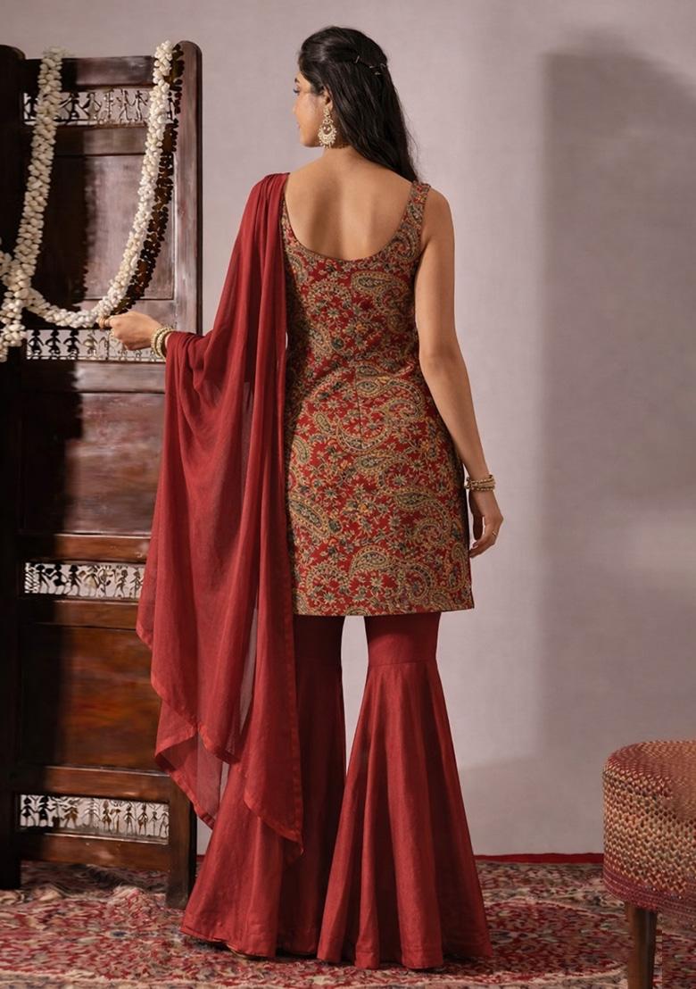 Deep Red Embroidered Crepe Sharara Set - Indya