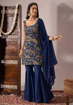 Navy Blue Embroidered Crepe Sharara Set