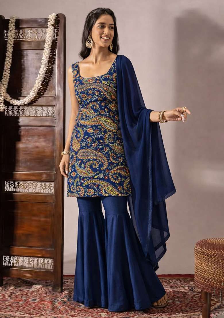 Navy Blue Embroidered Crepe Sharara Set - Indya