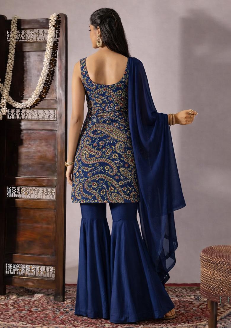 Navy Blue Embroidered Crepe Sharara Set - Indya