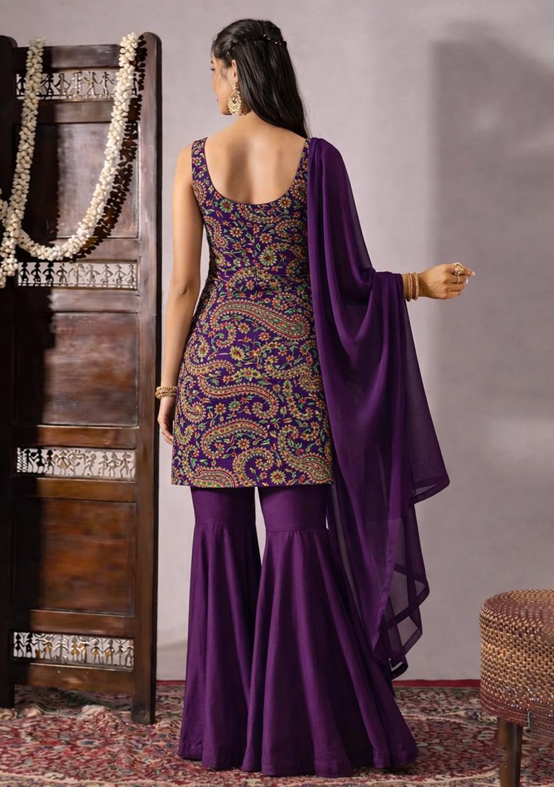 Purple Embroidered Crepe Sharara Set - Indya