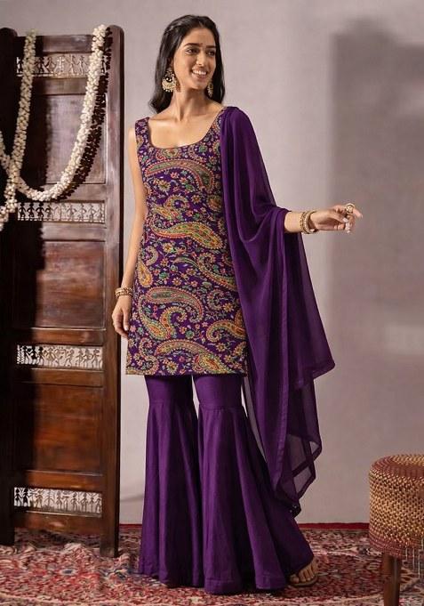 Purple Embroidered Crepe Sharara Set