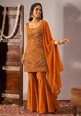 Rust Embroidered Crepe Sharara Set