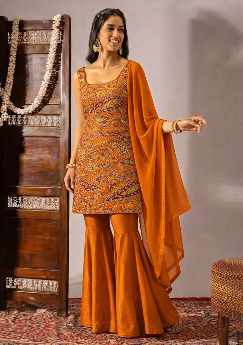 Rust Embroidered Crepe Sharara Set - Indya