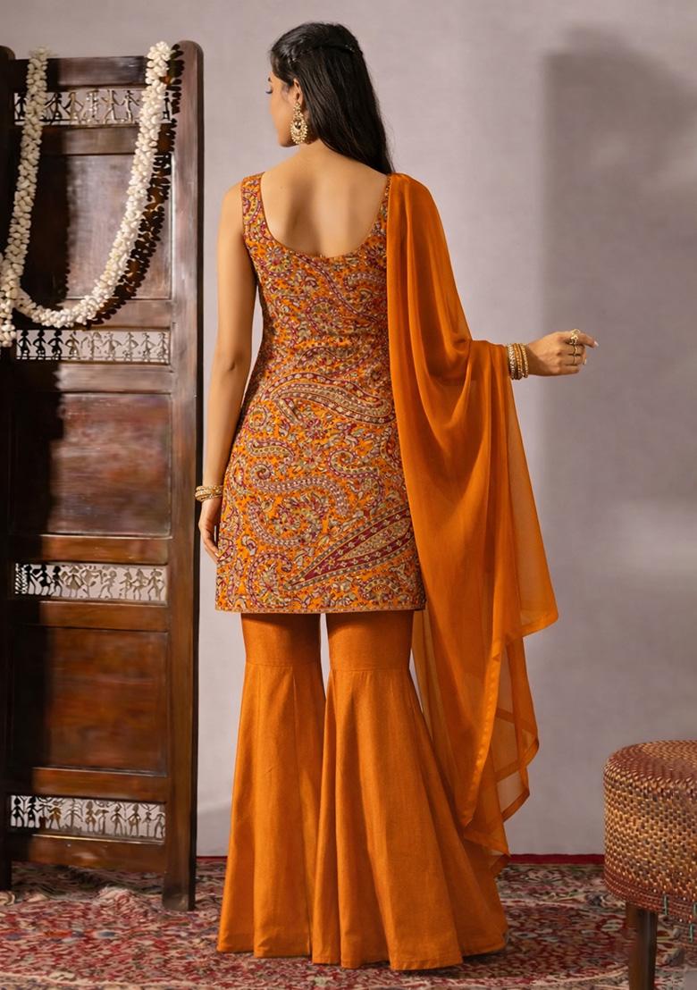 Rust Embroidered Crepe Sharara Set - Indya