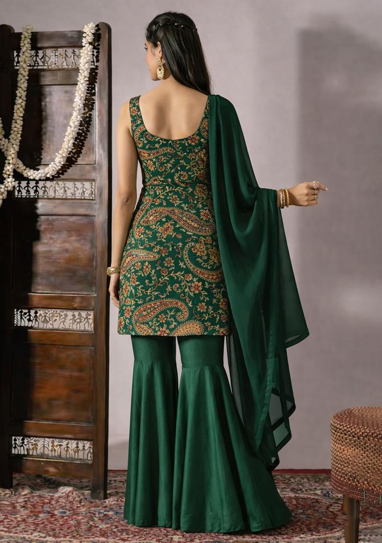Bottle Green Embroidered Crepe Sharara Set - Indya