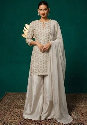 Off White Embroidered Crepe Sharara Set