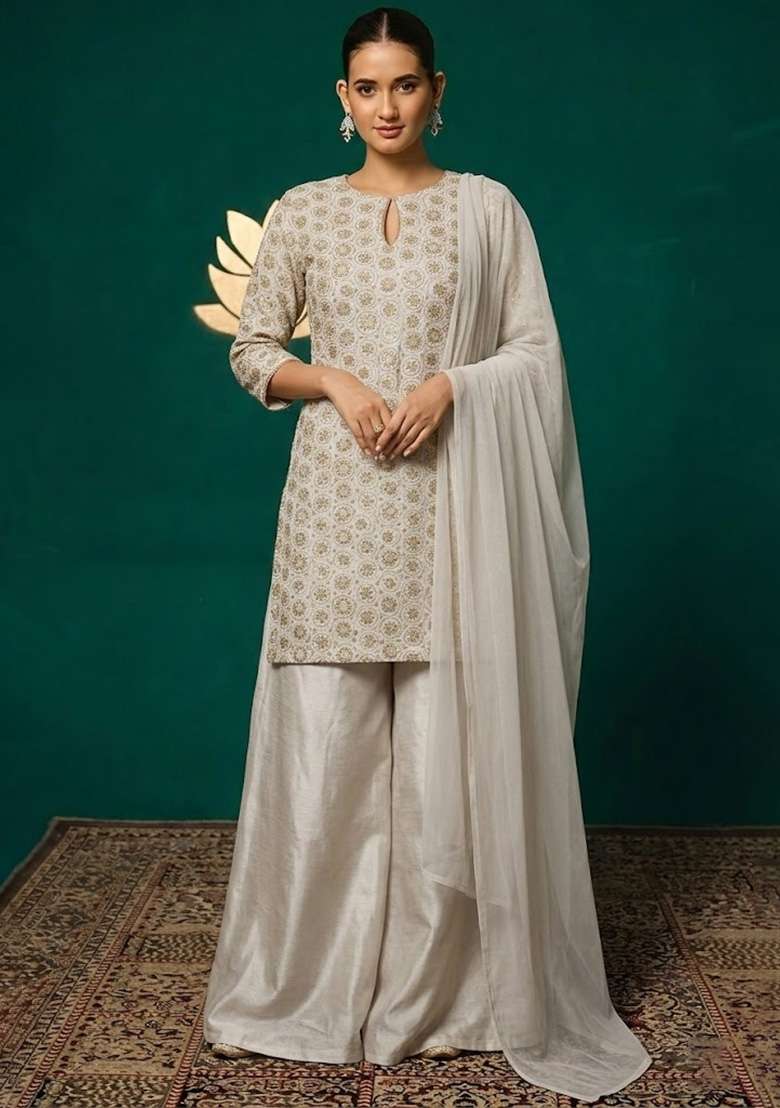 Off White Embroidered Crepe Sharara Set - Indya