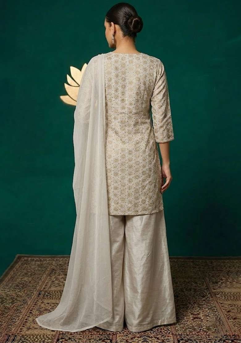 Off White Embroidered Crepe Sharara Set - Indya