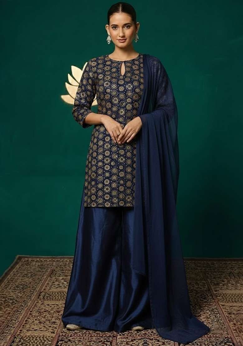 Navy Blue Embroidered Crepe Sharara Set - Indya