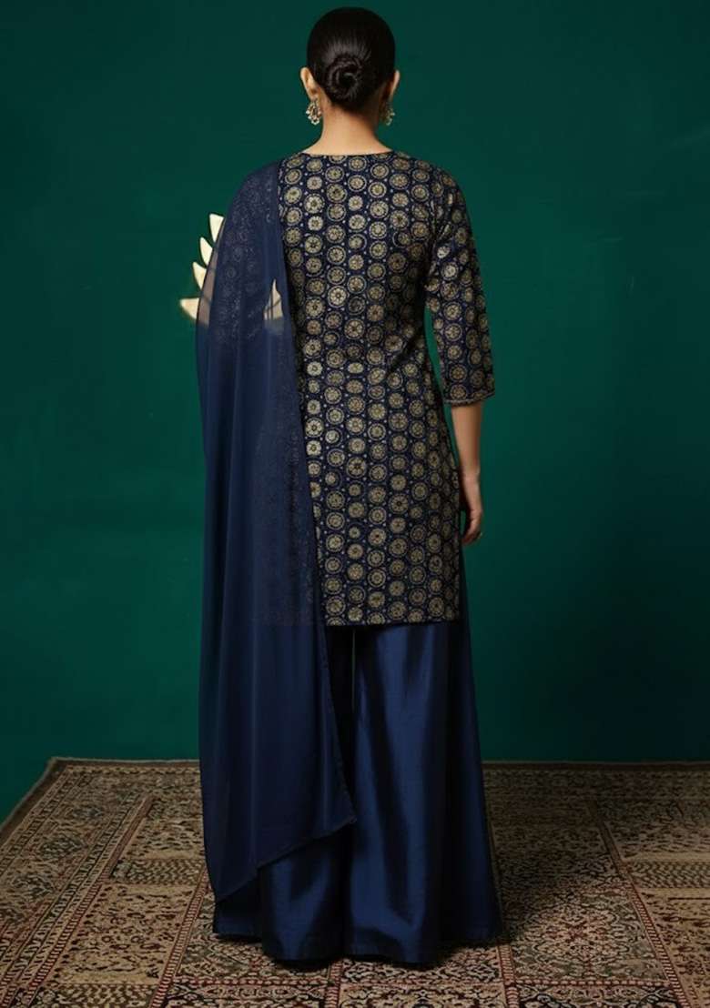 Navy Blue Embroidered Crepe Sharara Set - Indya