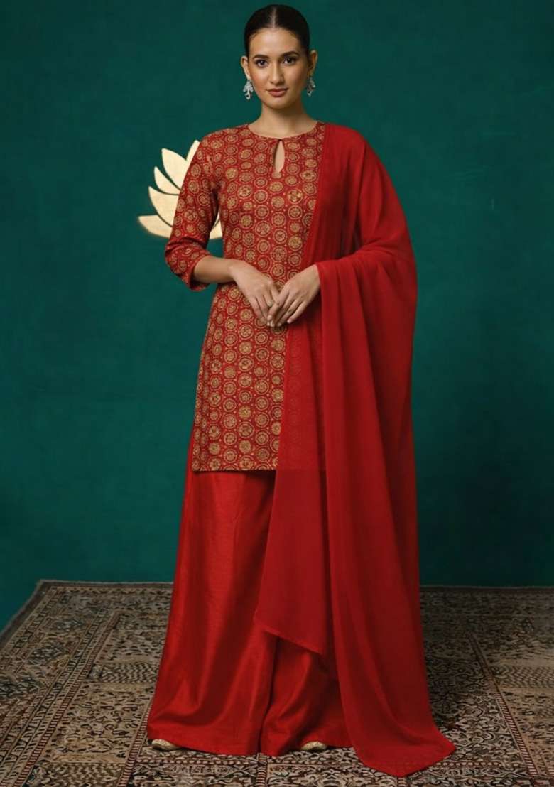 Red Embroidered Crepe Sharara Set - Indya