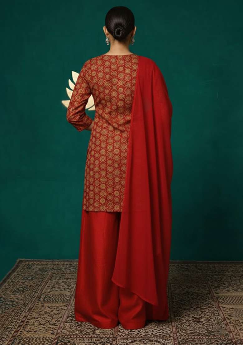 Red Embroidered Crepe Sharara Set - Indya