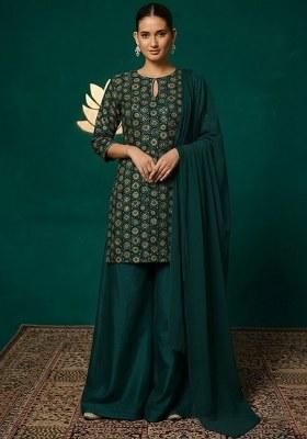 Bottle Green Embroidered Crepe Sharara Set