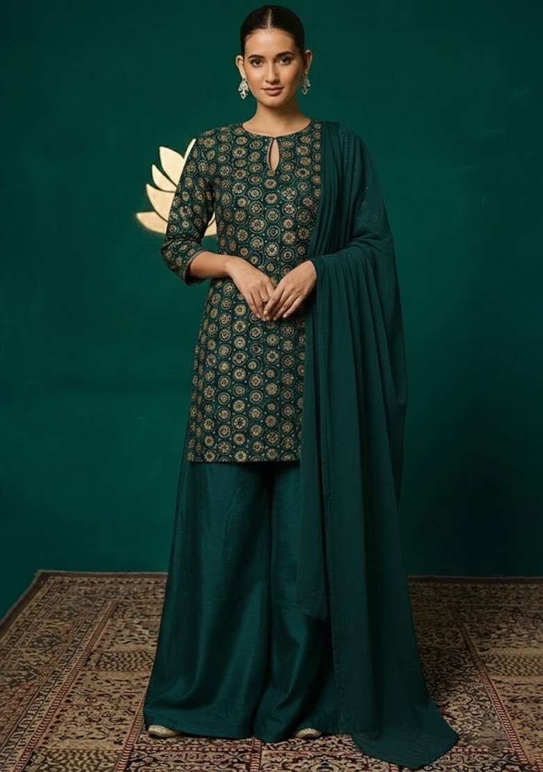 Bottle Green Embroidered Crepe Sharara Set - Indya