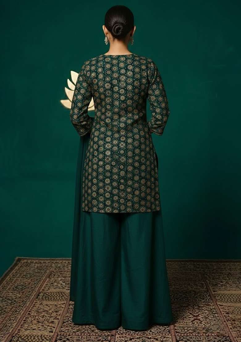Bottle Green Embroidered Crepe Sharara Set - Indya