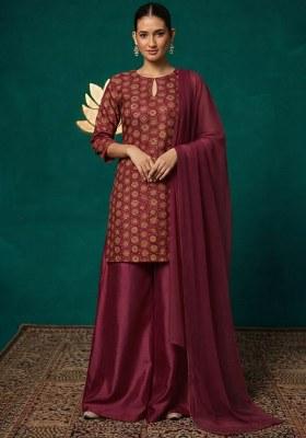 Wine Embroidered Crepe Sharara Set
