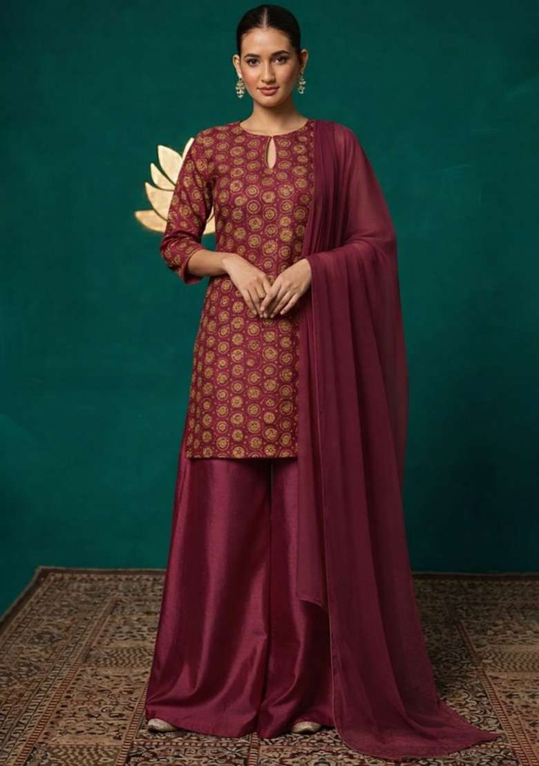 Wine Embroidered Crepe Sharara Set - Indya