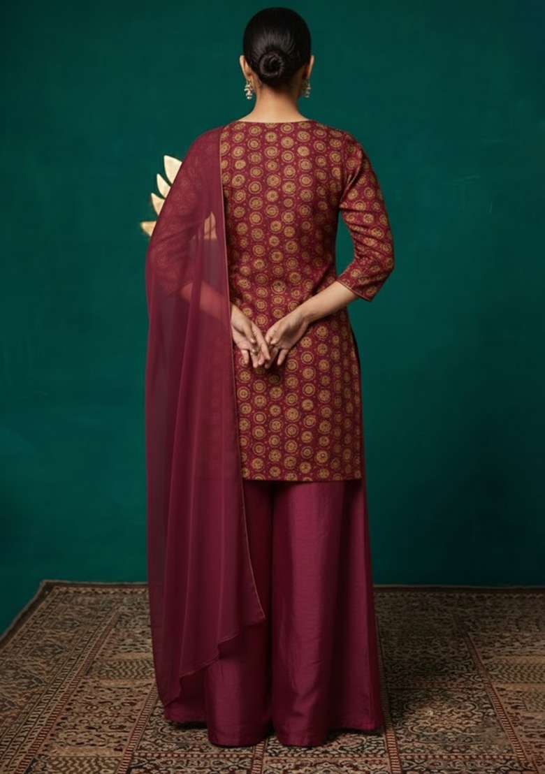 Wine Embroidered Crepe Sharara Set - Indya