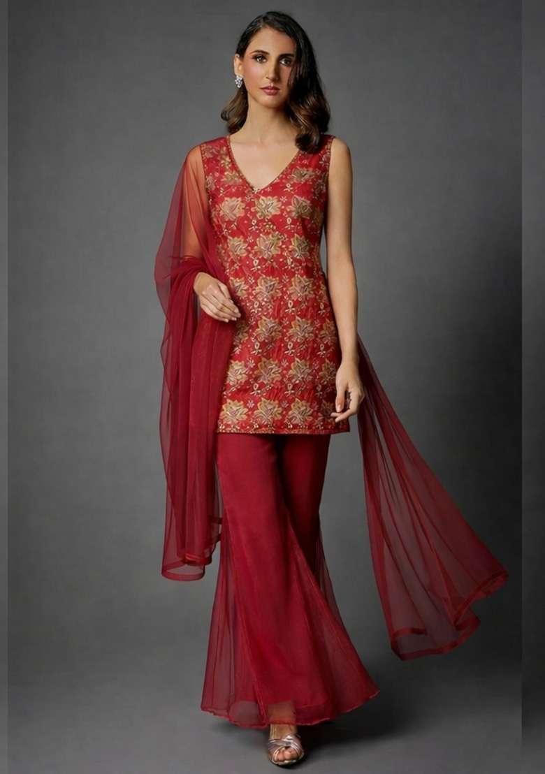 Red Floral Print Organza Sharara Set - Indya
