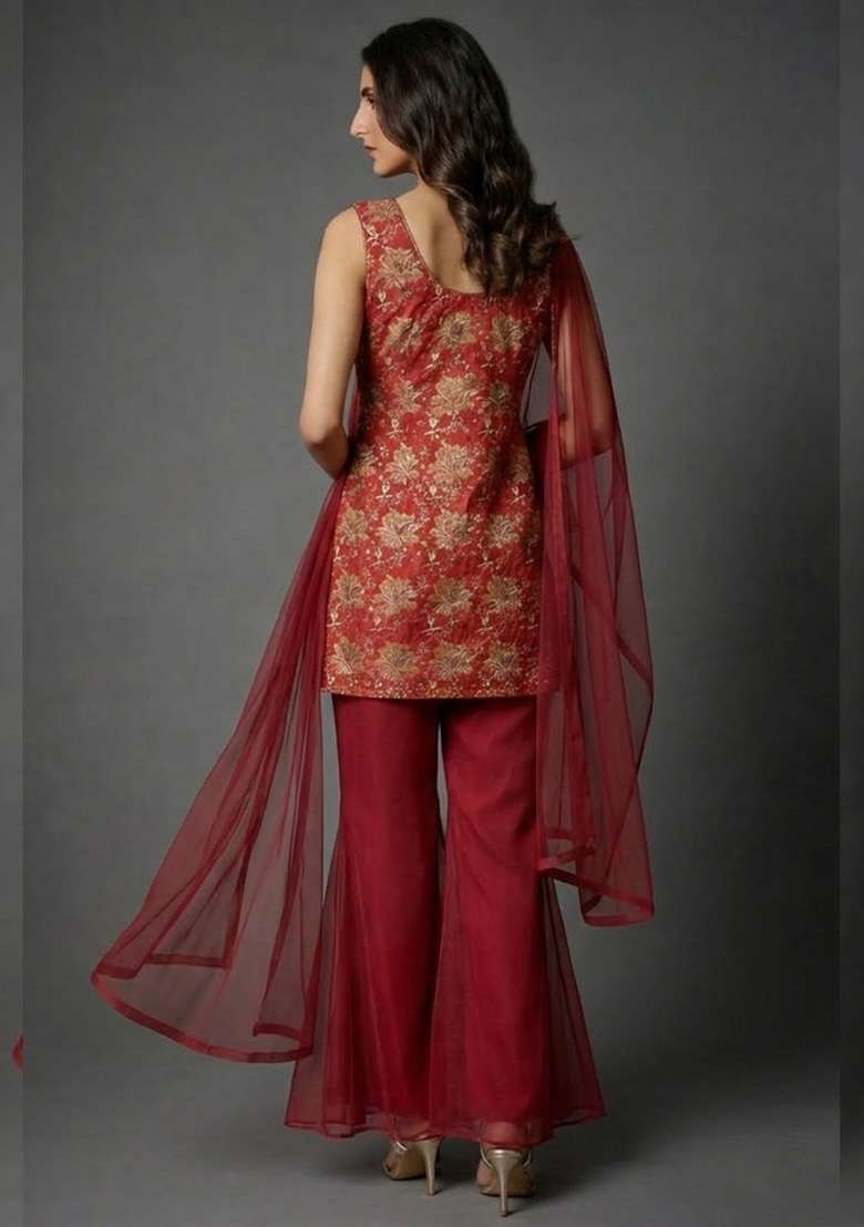Red Floral Print Organza Sharara Set - Indya
