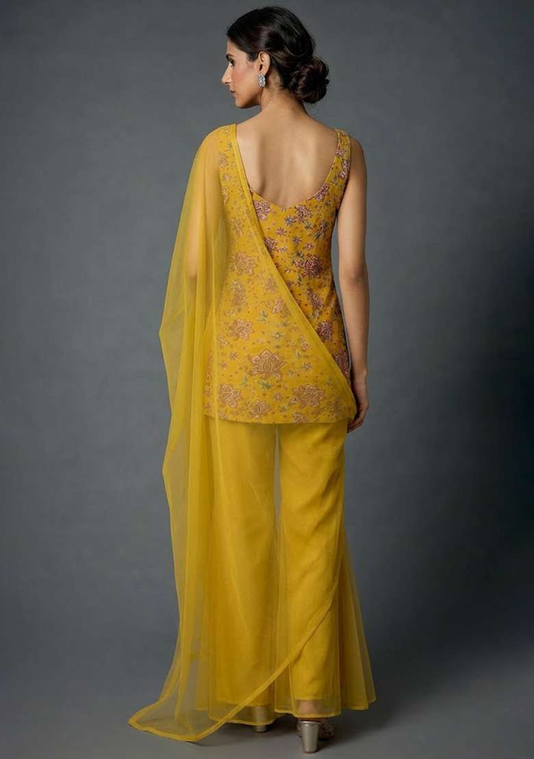 Mustard Floral Print Organza Sharara Set - Indya
