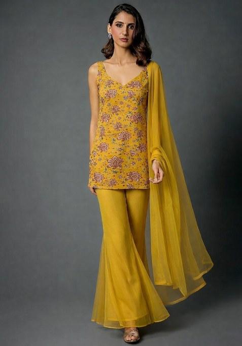 Mustard Floral Print Organza Sharara Set