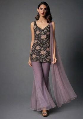 Lavender Floral Print Organza Sharara Set