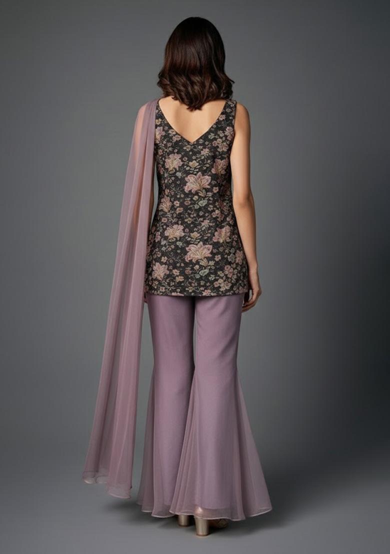 Lavender Floral Print Organza Sharara Set - Indya