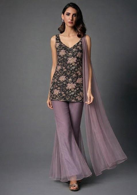Lavender Floral Print Organza Sharara Set