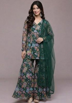 Bottle Green Floral Print Chinon Sharara Set