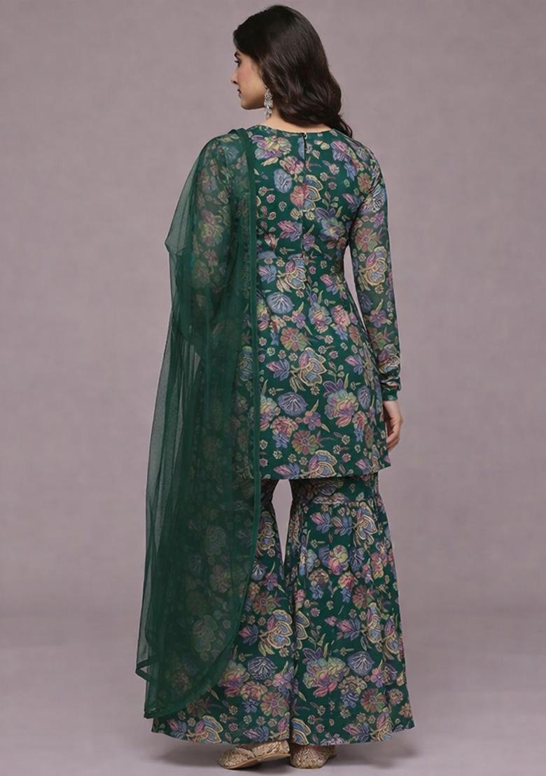 Bottle Green Floral Print Chinon Sharara Set - Indya