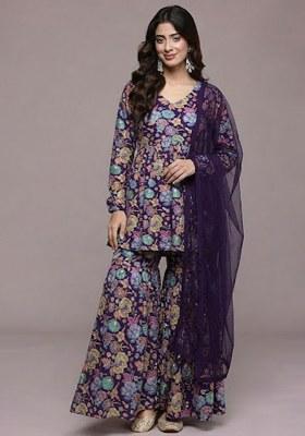 Purple Floral Print Chinon Sharara Set