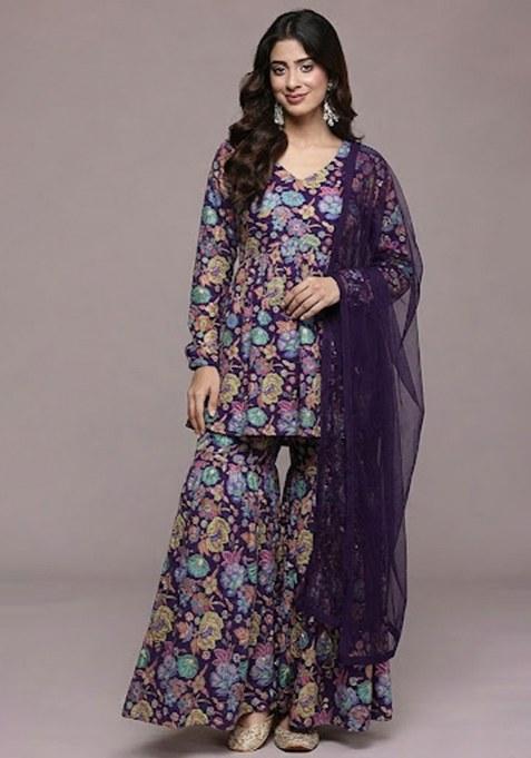 Purple Floral Print Chinon Sharara Set