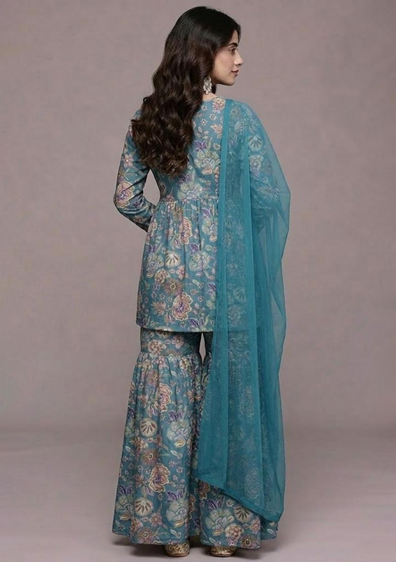 Teal Blue Floral Print Chinon Sharara Set - Indya