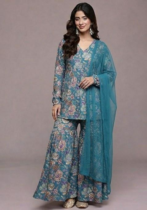 Teal Blue Floral Print Chinon Sharara Set