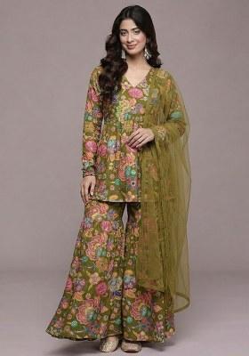 Olive Green Floral Print Chinon Sharara Set