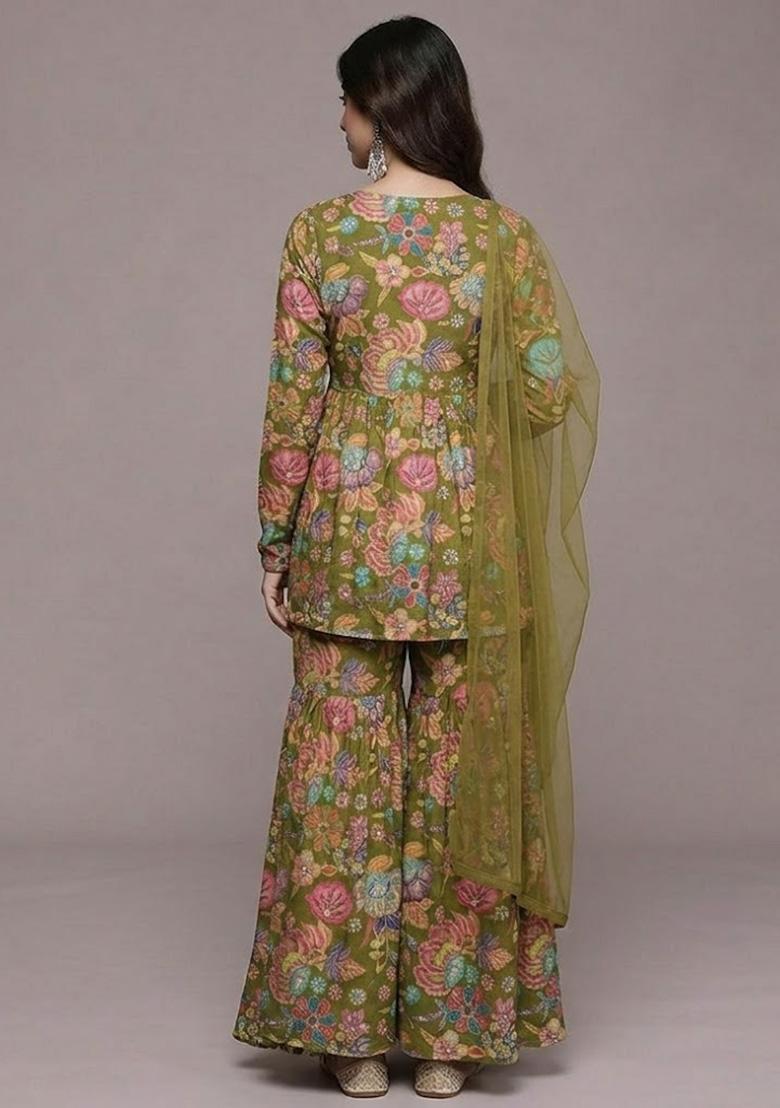 Olive Green Floral Print Chinon Sharara Set - Indya