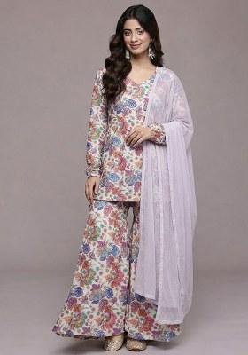 Off White Floral Print Chinon Sharara Set