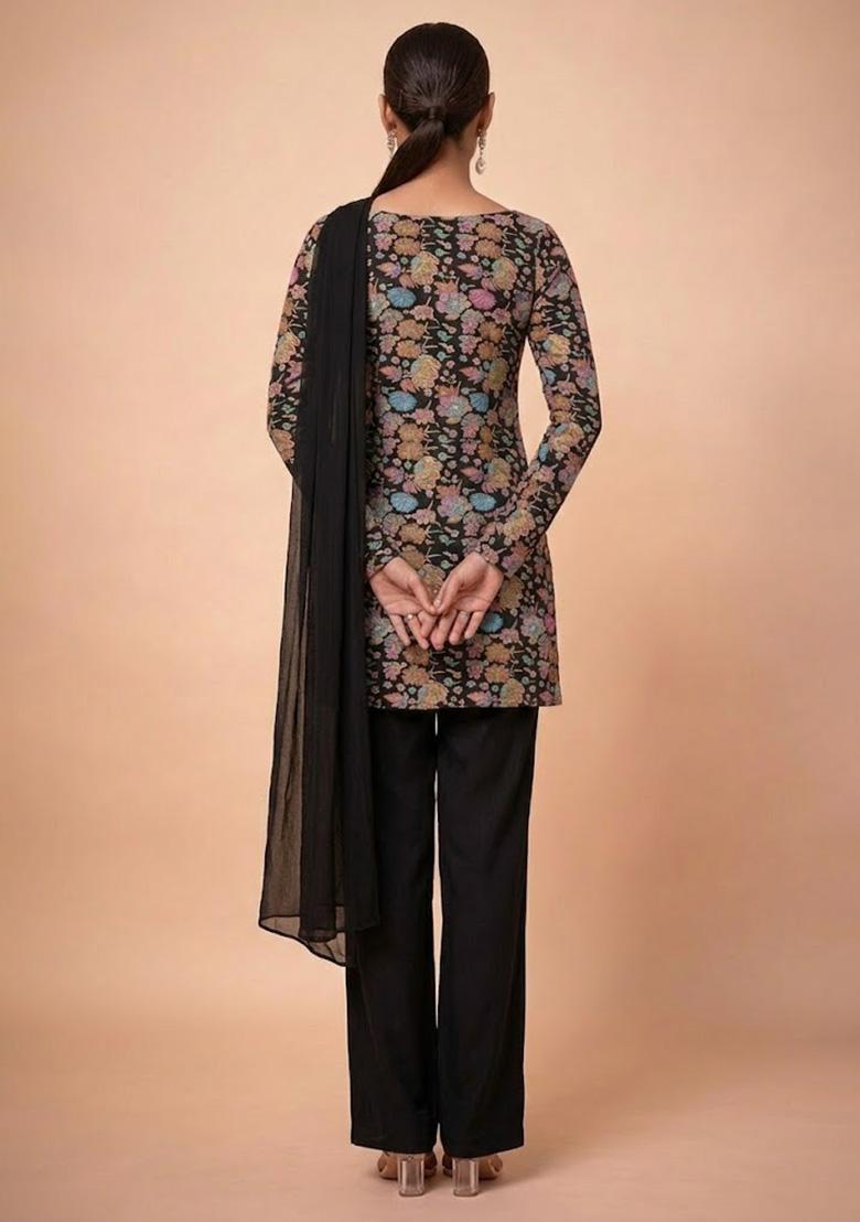 Black Floral Print Chinon Kurta Set - Indya